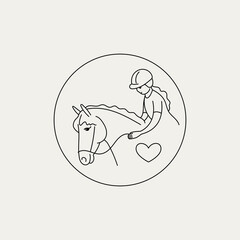 Horse riding doodle line icon. Vector outline illustration of girl on a horse