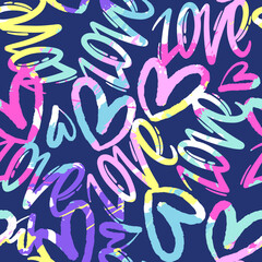 Abstract seamless chaotic pattern with words 'love' and hearts. Grunge colorful background. Wallpaper for girls. 