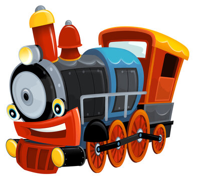 Cartoon funny looking steam train isolated illustration for children