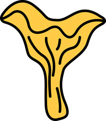 Yellow chanterelle groovy mushroom doodle. Element autumn collection. Black outline isolated on a white background. Hand drawn line art, cute vector illustration.
