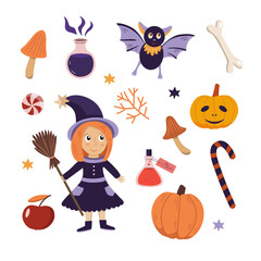 Hand drawn halloween elements. Children illustrations, colorful elements for party, invitations, cards, decorations. Witch costume, pumpkin, bat