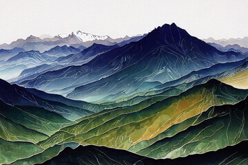 Mountains.  Hilly landscape illustration. Watercolor mountains silhouettes