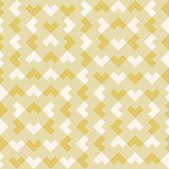 Vector geometric seamless pattern. Ethnic tribal style ornament. Abstract graphic background with arrows. Simple embroidery texture. Plaid pattern. Yellow, white and gold color. Repeat vintage design