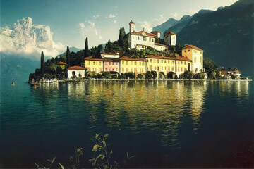Naklejka premium Beautiful fantasy italian village next to a lake, mountains, clouds, fantasy background wallpaper, CG illustration