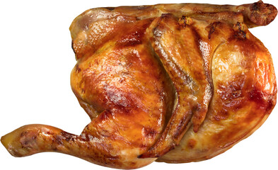 Close up and top view of half roasted chicken.