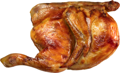 Close up and top view of half roasted chicken.