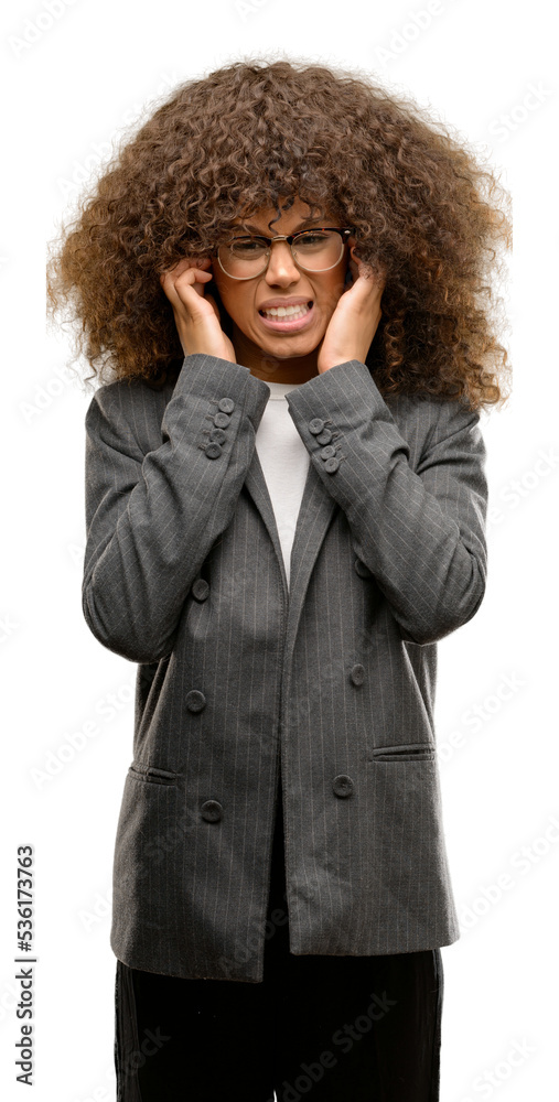 Sticker african american business woman wearing glasses covering ears with fingers with annoyed expression f