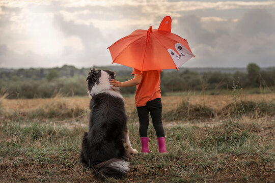 little girl with an umbrella and a dog