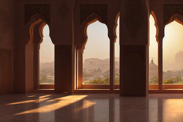 interior of a mosque, middle eastern, morocco building interior background, 3d render, 3d illustration, digital illustration, digital painting, cg artwork, realistic illustration	
