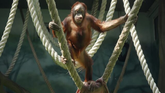 A young funny baby orangutan climbs ropes in the zoo enclosure