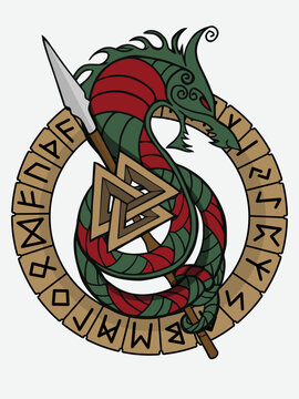 Emblem of the brave Viking warriors , Valknut with Futhark stock illustration