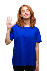 Young beautiful woman over isolated background showing and pointing up with fingers number five while smiling confident and happy.