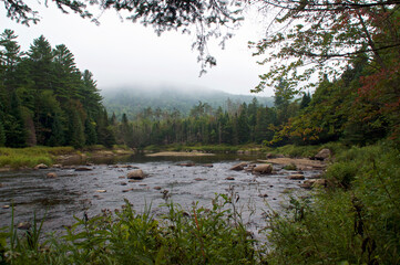 Cloudy mist on the background mountains adds a magical, mystical feel to this image of the Quarry Trail River  deep in the wild woods of Wilmington new york in the adirondack mountains.