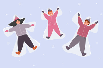 The family make a snow angel, wallow in the snow. Fun winter entertainment. Mom, Dad, baby in warm clothes outside. Vector graphics.