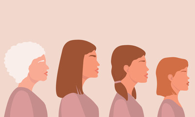 Several generations of women in profile. Portrait of a female of different ages, girl, adult, elderly. The concept of lifestyle, changes. Vector graphics. © Ирина Горбунова