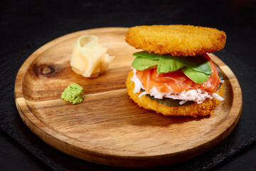 sushi menu with burger made from rice and smoked salmon, avocado, light cheese and nori