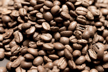 Top view of coffee beans, texture of coffee beans.