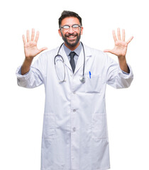 Adult hispanic doctor man over isolated background showing and pointing up with fingers number ten while smiling confident and happy.