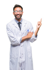 Adult hispanic scientist or doctor man wearing white coat over isolated background with a big smile...