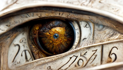 Fototapeta na wymiar Eye of time. Clock - eye. The eye of an ancient animal. Imagination picture, time - clocks concept. AI illustration, 16:9. Fantasy painting, digital art, artificial intelligence artwork