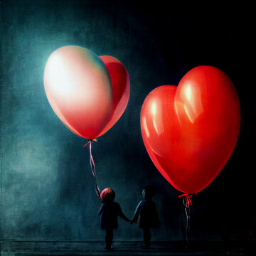 Children, a boy and a girl are holding hands. Red balloons in the shape of hearts. Concept: Siblings, orphans, love, friendship. Fantasy painting, digital art, artificial intelligence artwork