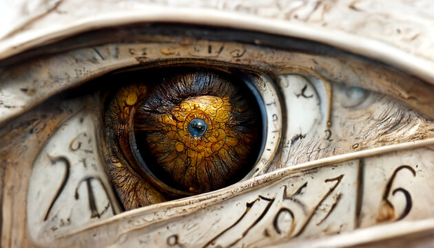 Eye of time. Clock - eye. The eye of an ancient animal. Imagination picture, time - clocks concept. AI illustration, 16:9. Fantasy painting, digital art, artificial intelligence artwork