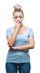 Young blonde woman over isolated background looking stressed and nervous with hands on mouth biting nails. Anxiety problem.