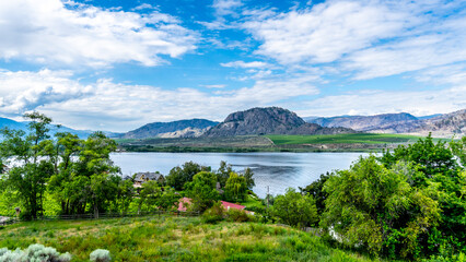 Vineyards on the mountain slopes surrounding Osoyoos lake in the Okanagen Valley of British Columbia, Canada - obrazy, fototapety, plakaty