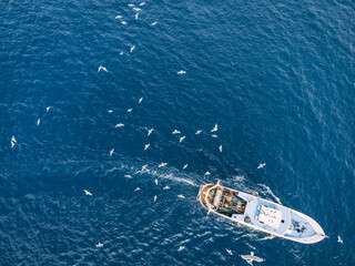 Top view of a fishing trawler coming back to the port and the seagulls are flying over it. - obrazy, fototapety, plakaty