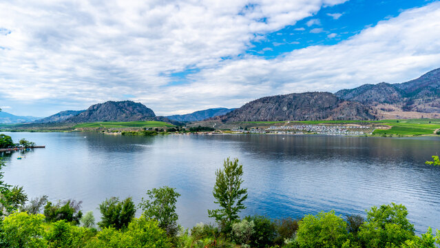 View of Osoyoos Lake with its surrounding vineyards on the mountain slopes in the Okanagen Valley of British Columbia, Canada