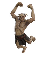 Mythical fantasy troll jumping with clenched fists raised above his head. 3D rendering isolated. - obrazy, fototapety, plakaty