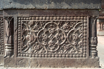 Decorative wall sculptures of Krishnapura Chhatri, Indore, Madhya Pradesh. Indian Architecture. Ancient Architecture of Indian temple.