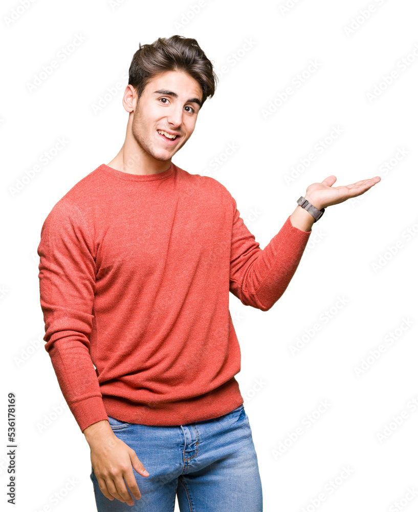 Wall mural young handsome man over isolated background pointing to the side with hand and open palm, presenting