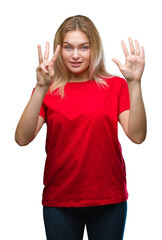 Young caucasian woman over isolated background showing and pointing up with fingers number eight while smiling confident and happy.