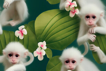 Nahtloses Gemüsemuster mit Affen. Süßer weißer Affe, der auf einem Baumzweig im dunklen tropischen Wald sitzt. Design von Stoffen, Papier, Tapeten und Notizbuchhüllen. Tierwelt. 3D-Rendering © Viks_jin