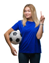 Young caucasian woman holding soccer ball over isolated background surprised with an idea or question pointing finger with happy face, number one