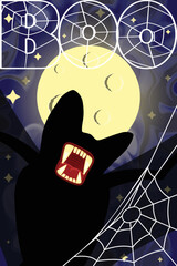 Toothy bat, huge moon, web and word boo, halloween vector illustration