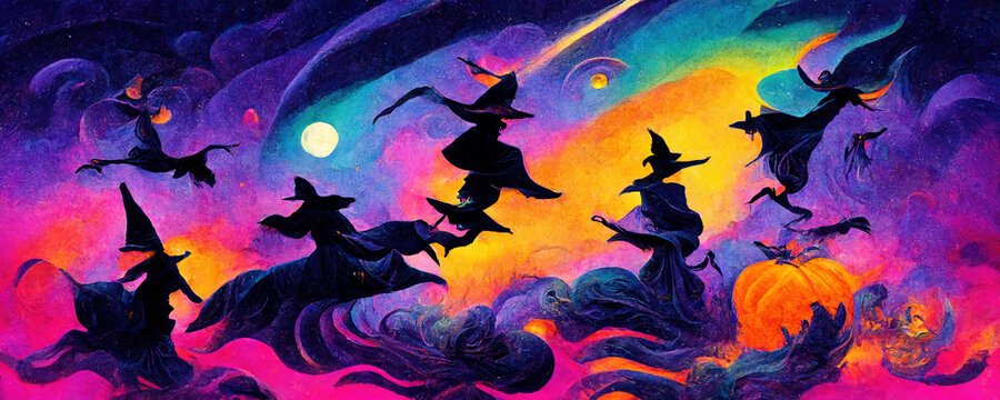 Abstract witches on broomsticks fly against the background of a multi-colored sky. Halloween party banner. Digital art illustration
