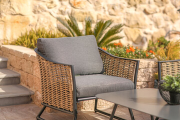 close up,Rattan Furniture Chairs Metal Structure Home Garden Metal Table Modern Design Furniture Series.
