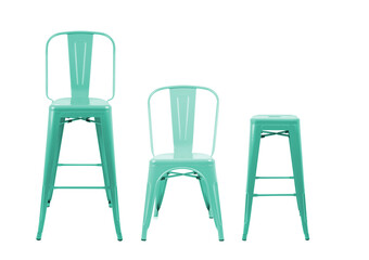 Turquoise color set chairs, Metal, metal chair, modern designer. Isolated chair on a white background,front shot
