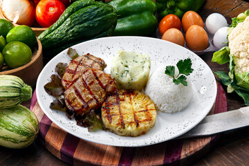 Grilled pork with pineapple isolated on white background