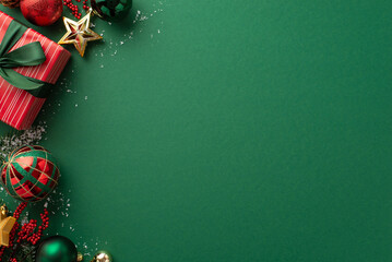 New Year concept. Top view photo of big present box green red baubles gold star ornament mistletoe berries snow and fir branch on isolated green background with empty space