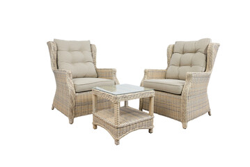 beige, Rattan chairs and a table outdoors, White background
