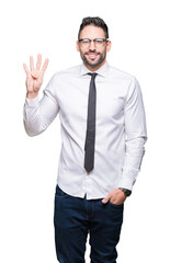 Young handsome business man wearing glasses over isolated background showing and pointing up with fingers number four while smiling confident and happy.