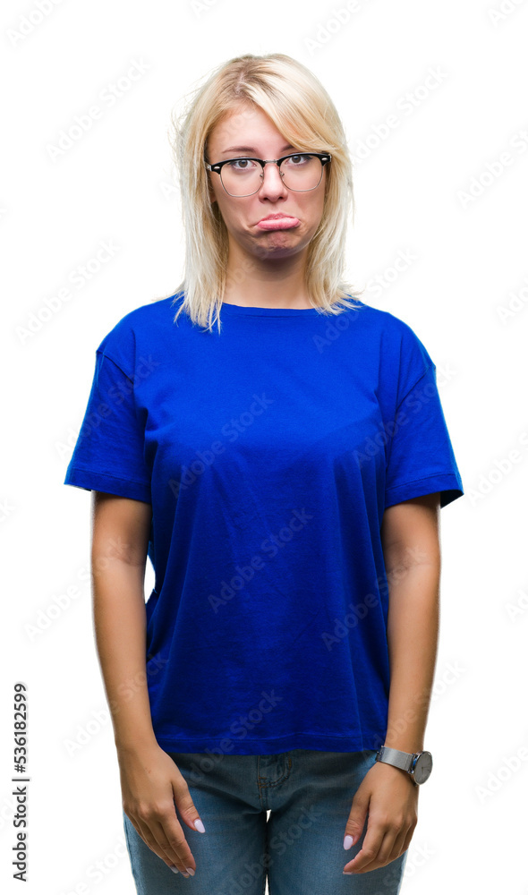 Wall mural Young beautiful blonde woman wearing glasses over isolated background depressed and worry for distress, crying angry and afraid. Sad expression. - Wall murals