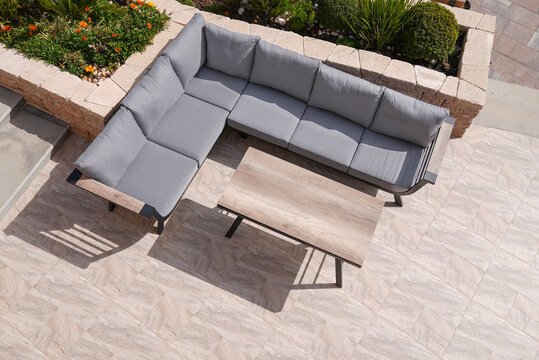 Outdoor Patio Furniture Set, Sectional Sofa Cushions, Wooden Conversation Seat Couches Table, Cushioned Garden Sofa Set For Outdoor (Grey),from Above
