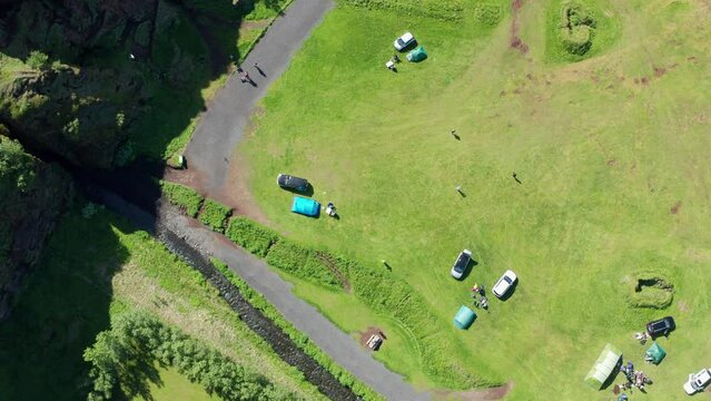 Drone Over Campsite By Gljufrabui Waterfall