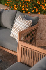 Sofa wood and residential fabric with cushion, modern
