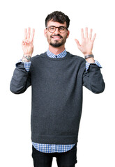 Young handsome smart man wearing glasses over isolated background showing and pointing up with fingers number eight while smiling confident and happy.
