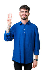 Young handsome man over isolated background showing and pointing up with fingers number three while smiling confident and happy.